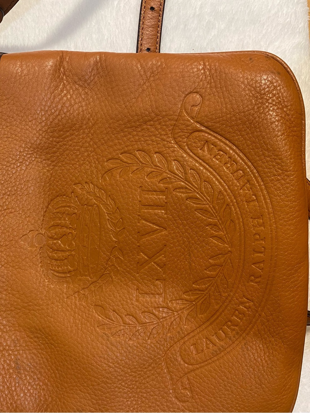 Ralph Lauren Cognac Pebbled Leather Messenger Bag with Embossed Crest
